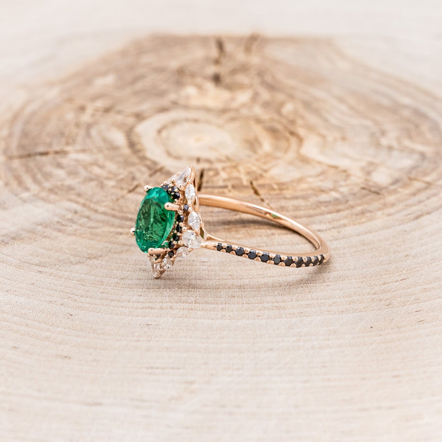 "NORTH STAR" - OVAL LAB-GROWN EMERALD ENGAGEMENT RING WITH DIAMOND HALO & BLACK DIAMOND ACCENTS-3
