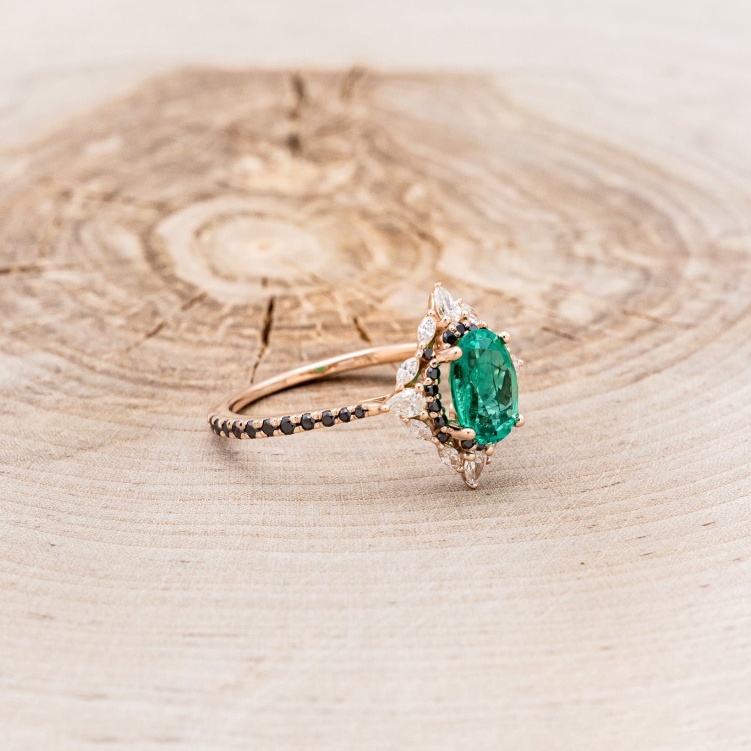 "NORTH STAR" - OVAL LAB-GROWN EMERALD ENGAGEMENT RING WITH DIAMOND HALO & BLACK DIAMOND ACCENTS-2