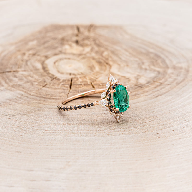 "NORTH STAR" - OVAL LAB-GROWN EMERALD ENGAGEMENT RING WITH DIAMOND HALO & BLACK DIAMOND ACCENTS-2