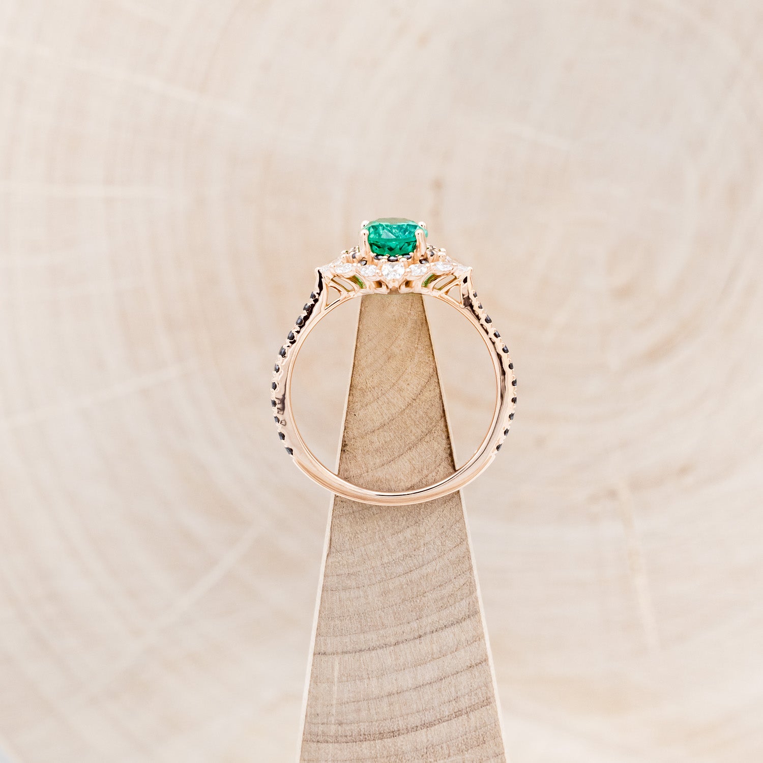 "NORTH STAR" - OVAL LAB-GROWN EMERALD ENGAGEMENT RING WITH DIAMOND HALO & BLACK DIAMOND ACCENTS-6