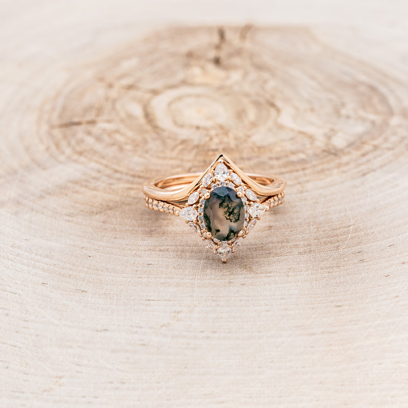 "NORTH STAR" - BRIDAL SUITE - OVAL MOSS AGATE ENGAGEMENT RING WITH DIAMOND HALO, DIAMOND ACCENTS, & SOLID GOLD TRACERS-9