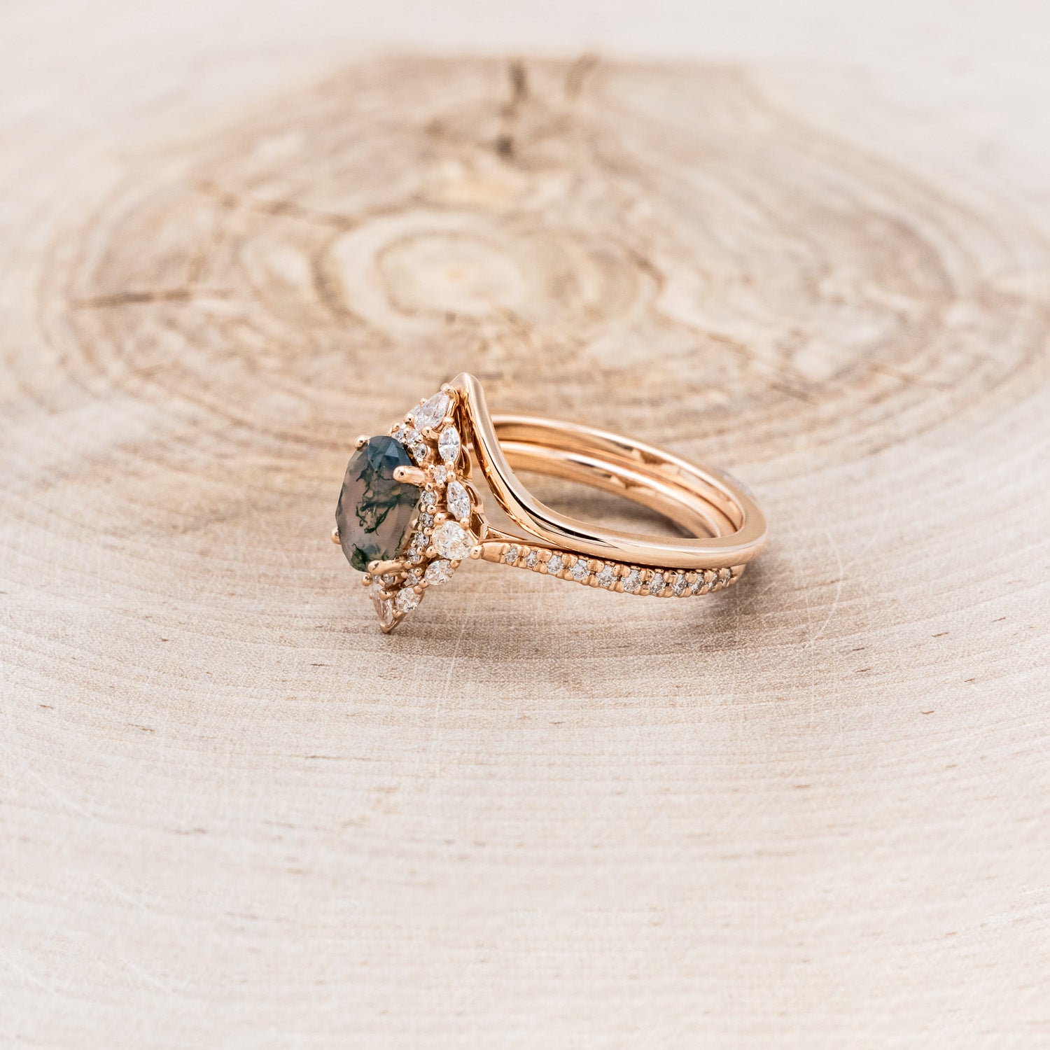 "NORTH STAR" - BRIDAL SUITE - OVAL MOSS AGATE ENGAGEMENT RING WITH DIAMOND HALO, DIAMOND ACCENTS, & SOLID GOLD TRACERS-8