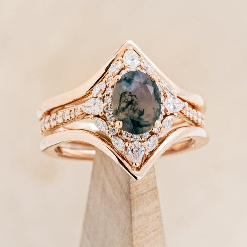 "NORTH STAR" - BRIDAL SUITE - OVAL MOSS AGATE ENGAGEMENT RING WITH DIAMOND HALO, DIAMOND ACCENTS, & SOLID GOLD TRACERS-1