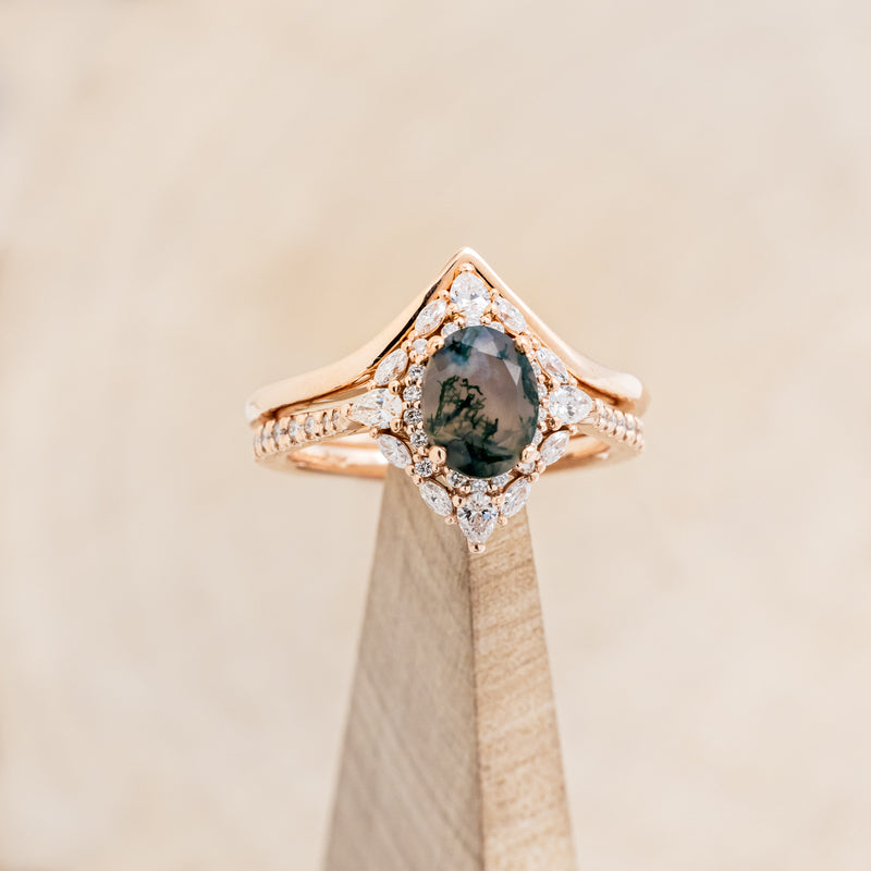 "NORTH STAR" - BRIDAL SUITE - OVAL MOSS AGATE ENGAGEMENT RING WITH DIAMOND HALO, DIAMOND ACCENTS, & SOLID GOLD TRACERS-6