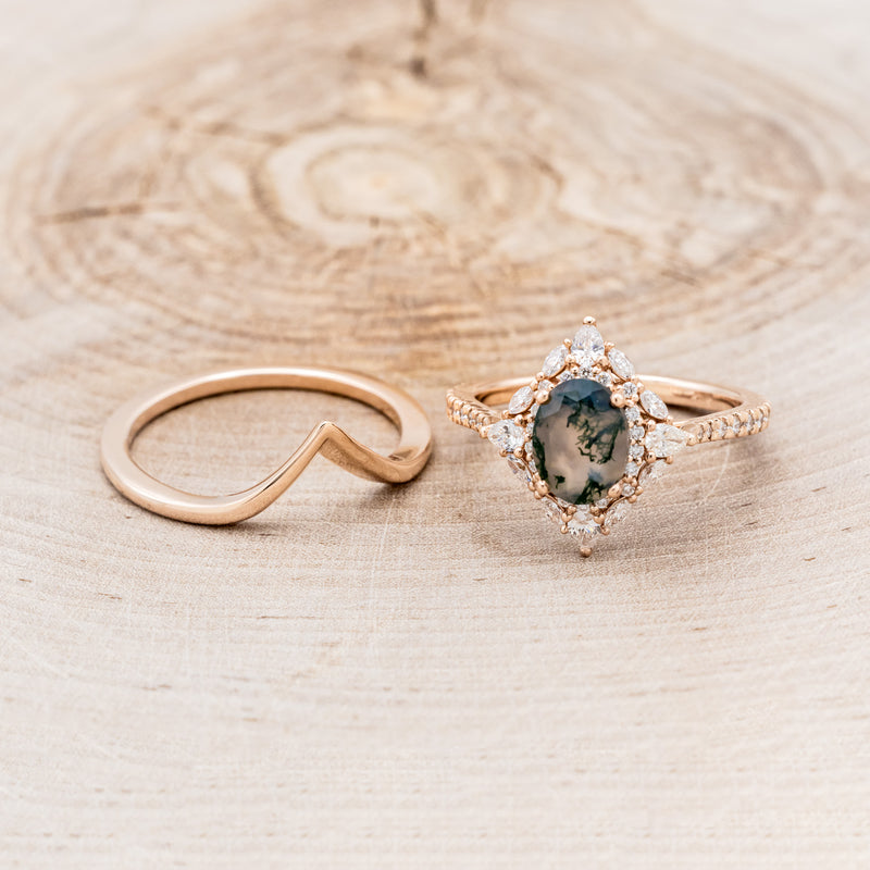 "NORTH STAR" - BRIDAL SUITE - OVAL MOSS AGATE ENGAGEMENT RING WITH DIAMOND HALO, DIAMOND ACCENTS, & SOLID GOLD TRACERS-11