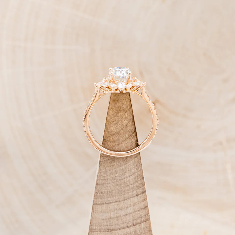 North Star - Brilliant Cut Moissanite Engagement Ring with Diamond Halo - Ready to Ship 14K Rose Gold