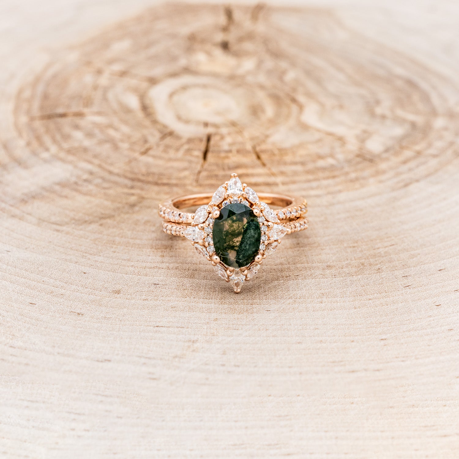 "NORTH STAR" - OVAL MOSS AGATE ENGAGEMENT RING WITH DIAMOND HALO, DIAMOND ACCENTS, & A DIAMOND TRACER-4