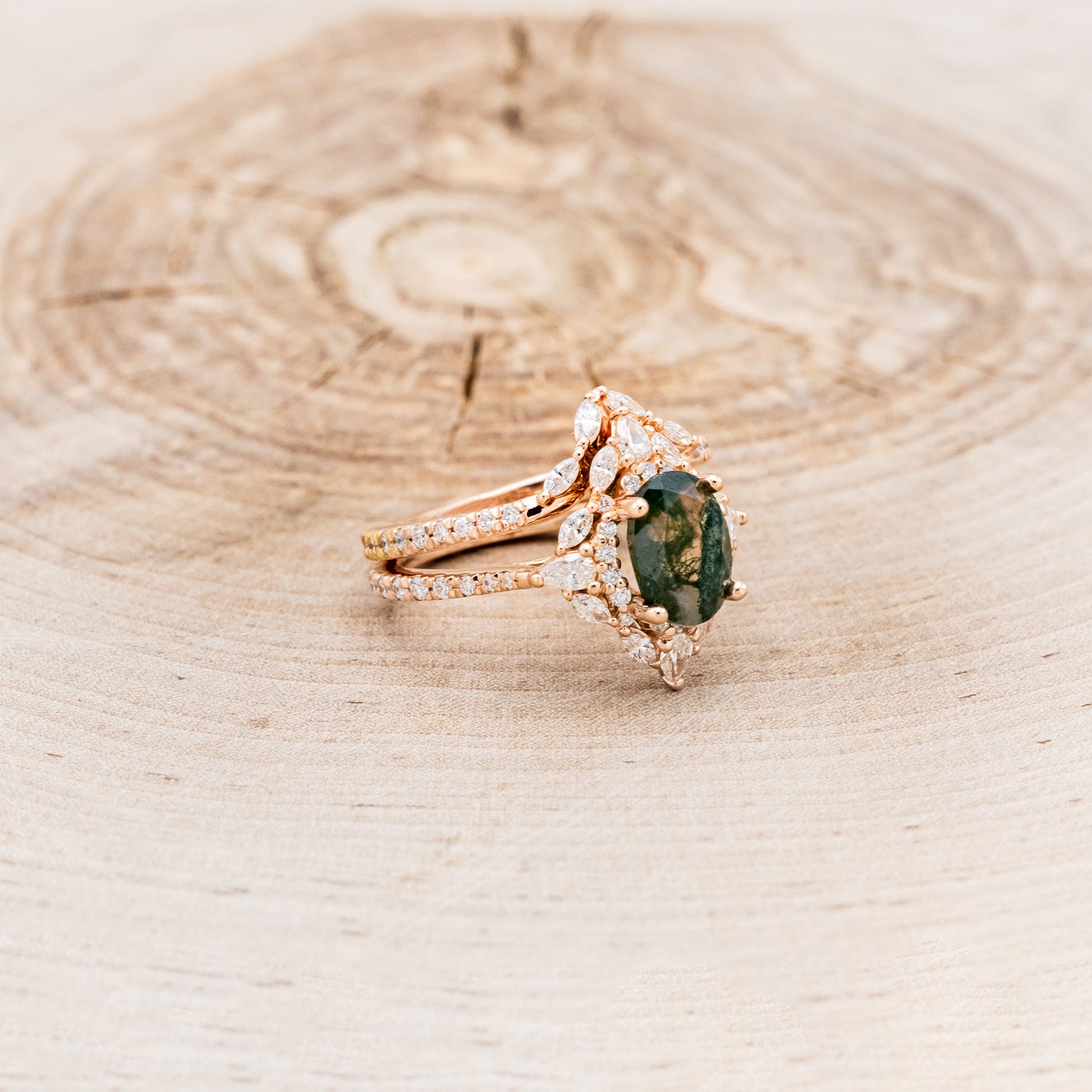 "NORTH STAR" - OVAL MOSS AGATE ENGAGEMENT RING WITH DIAMOND HALO, DIAMOND ACCENTS, & A DIAMOND TRACER-2