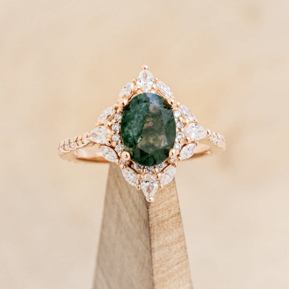 "NORTH STAR" - OVAL MOSS AGATE ENGAGEMENT RING WITH DIAMOND HALO, DIAMOND ACCENTS, & A DIAMOND TRACER-7