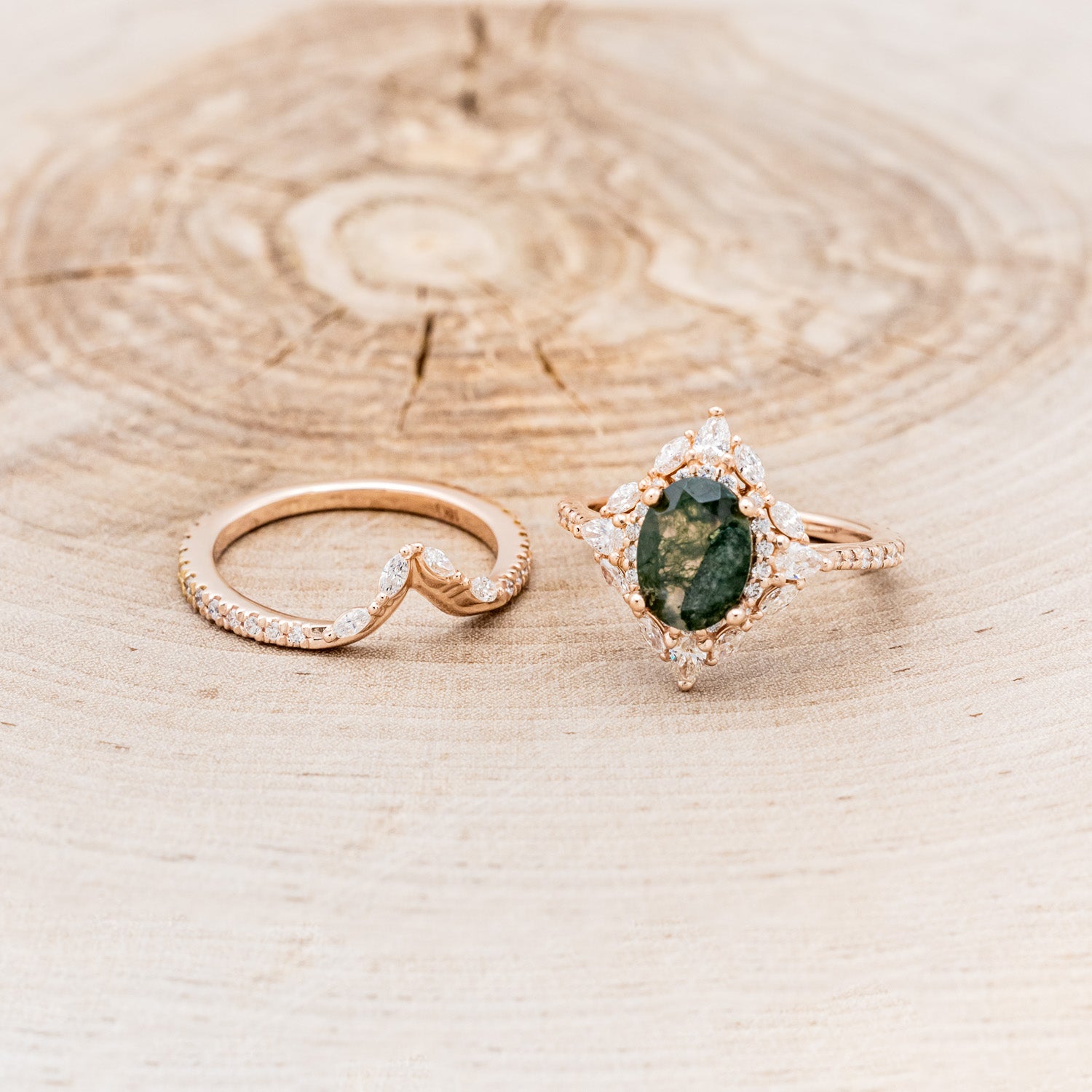 "NORTH STAR" - OVAL MOSS AGATE ENGAGEMENT RING WITH DIAMOND HALO, DIAMOND ACCENTS, & A DIAMOND TRACER-5