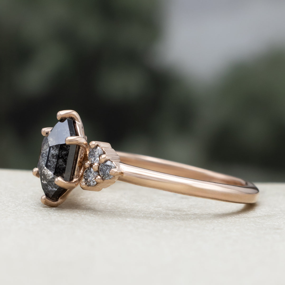"Octavia" - Elongated Hexagon Rosecut Salt & Pepper Diamond Engagement Ring & Tracer-Staghead Designs