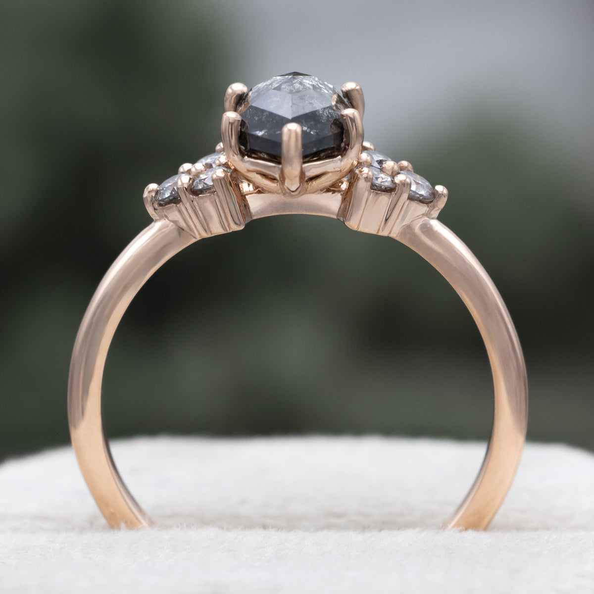 "Octavia" - Elongated Hexagon Rosecut Salt & Pepper Diamond Engagement Ring & Tracer-Staghead Designs