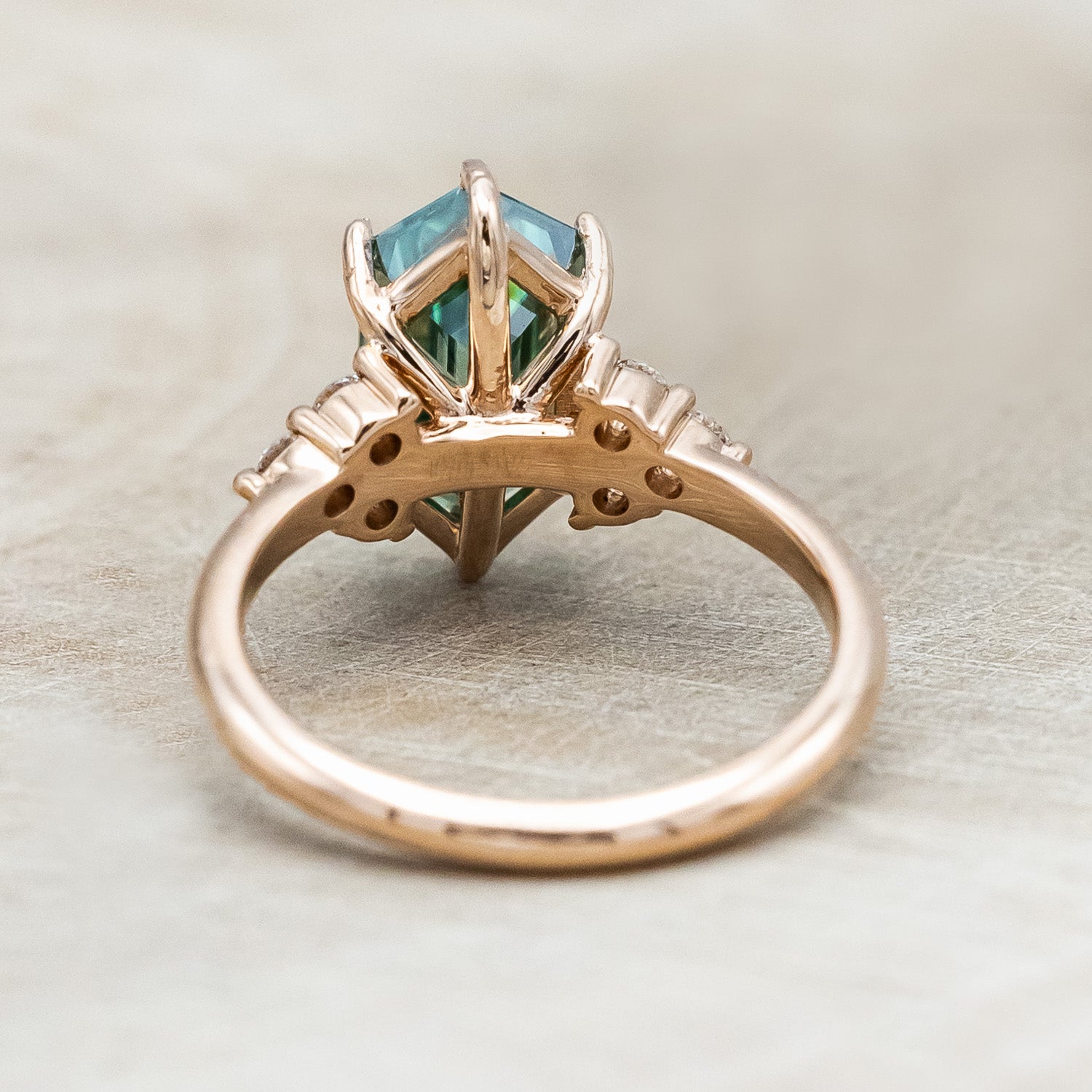"OCTAVIA" - ELONGATED HEXAGON CUT GREEN MOISSANITE ENGAGEMENT RING WITH DIAMOND ACCENTS-Staghead Designs