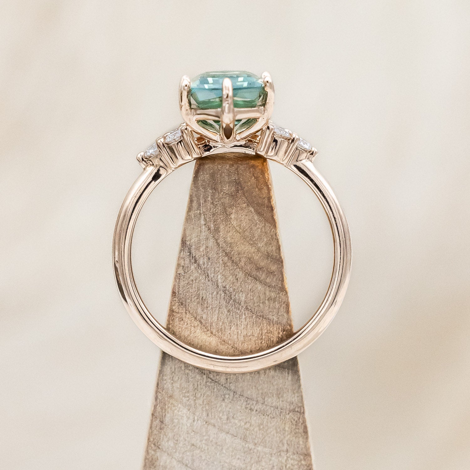 "OCTAVIA" - ELONGATED HEXAGON CUT GREEN MOISSANITE ENGAGEMENT RING WITH DIAMOND ACCENTS-Staghead Designs