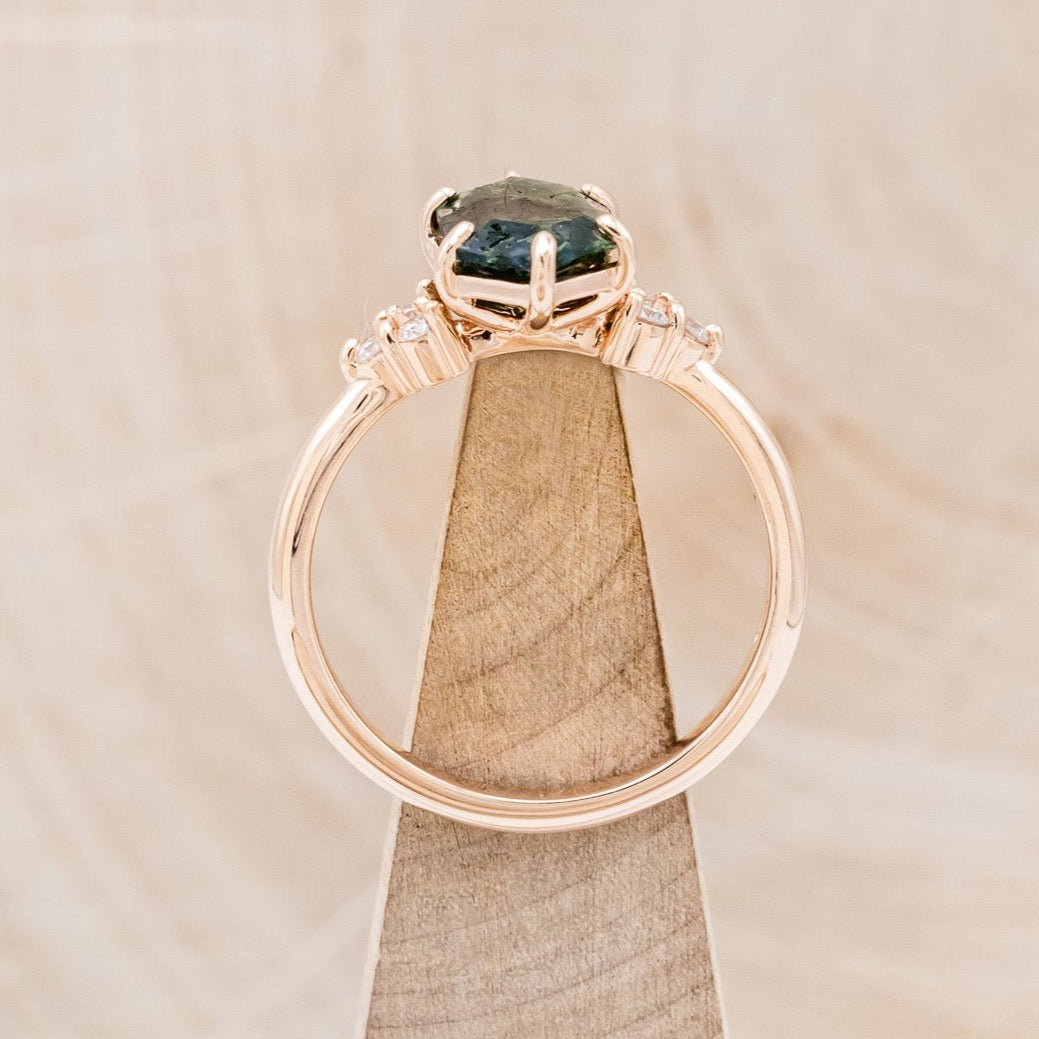 "OCTAVIA" - ELONGATED HEXAGON MOSS AGATE ENGAGEMENT RING WITH DIAMOND ACCENTS & RING GUARD-12