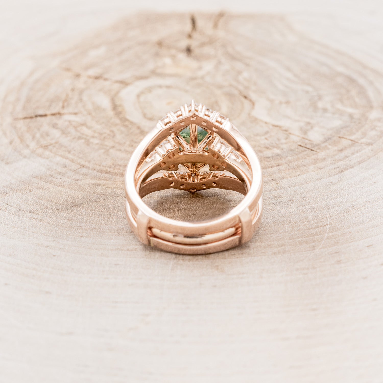 "OCTAVIA" - ELONGATED HEXAGON MOSS AGATE ENGAGEMENT RING WITH DIAMOND ACCENTS & RING GUARD-5