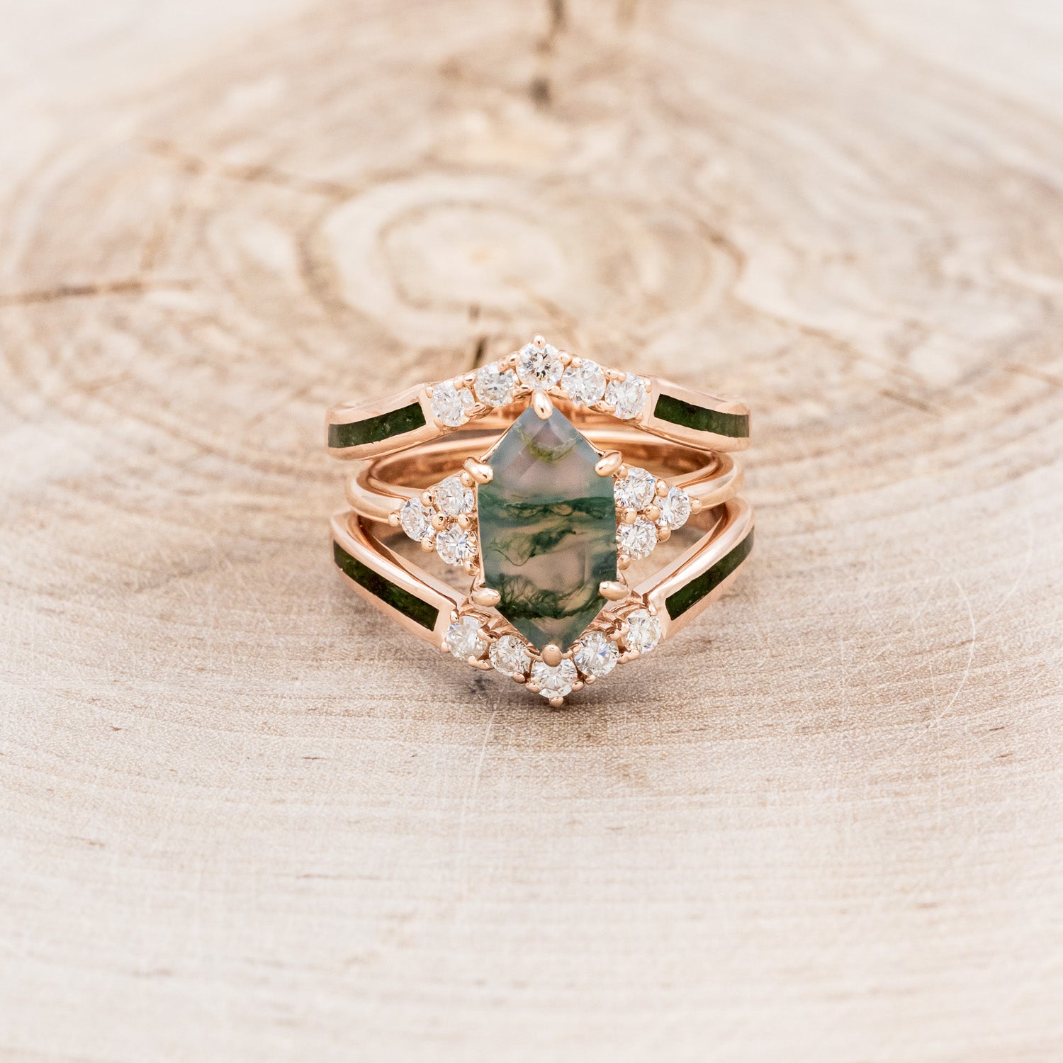 "OCTAVIA" - ELONGATED HEXAGON MOSS AGATE ENGAGEMENT RING WITH DIAMOND ACCENTS & RING GUARD-4