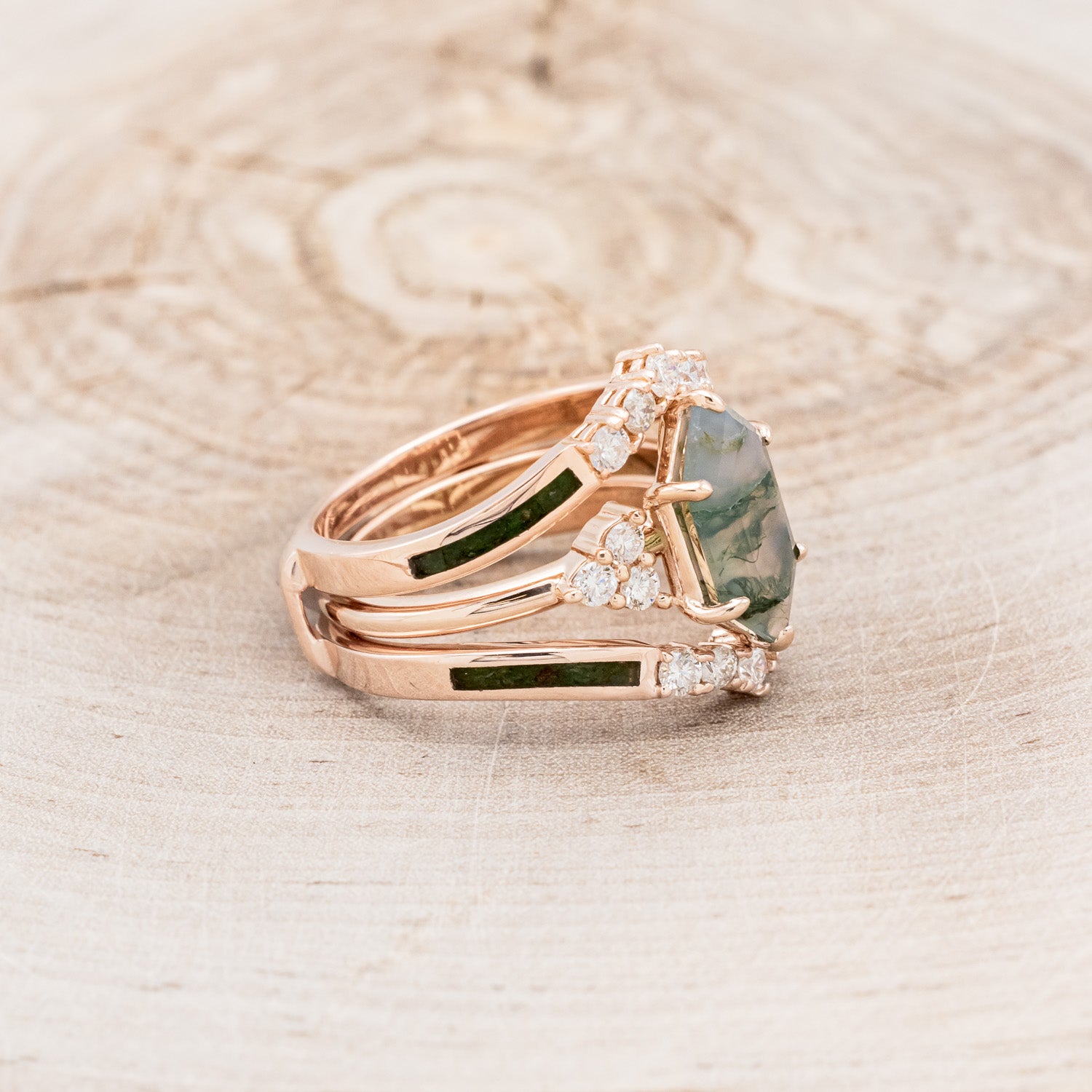 "OCTAVIA" - ELONGATED HEXAGON MOSS AGATE ENGAGEMENT RING WITH DIAMOND ACCENTS & RING GUARD-2