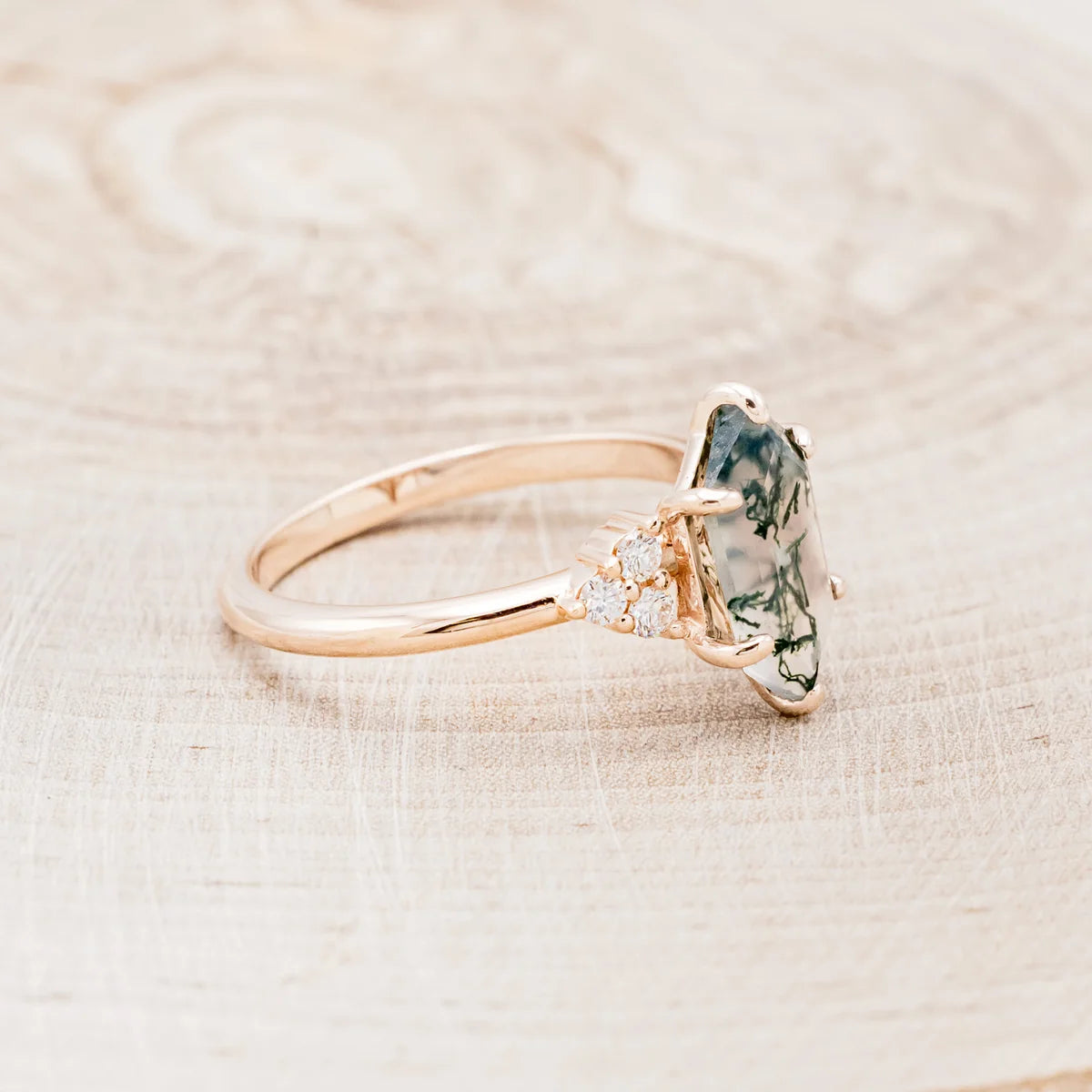 "Octavia" - Elongated Hexagon Cut Moss Agate Engagement Ring With Diamond Accents - 14K Rose Gold - Size 7 1/4