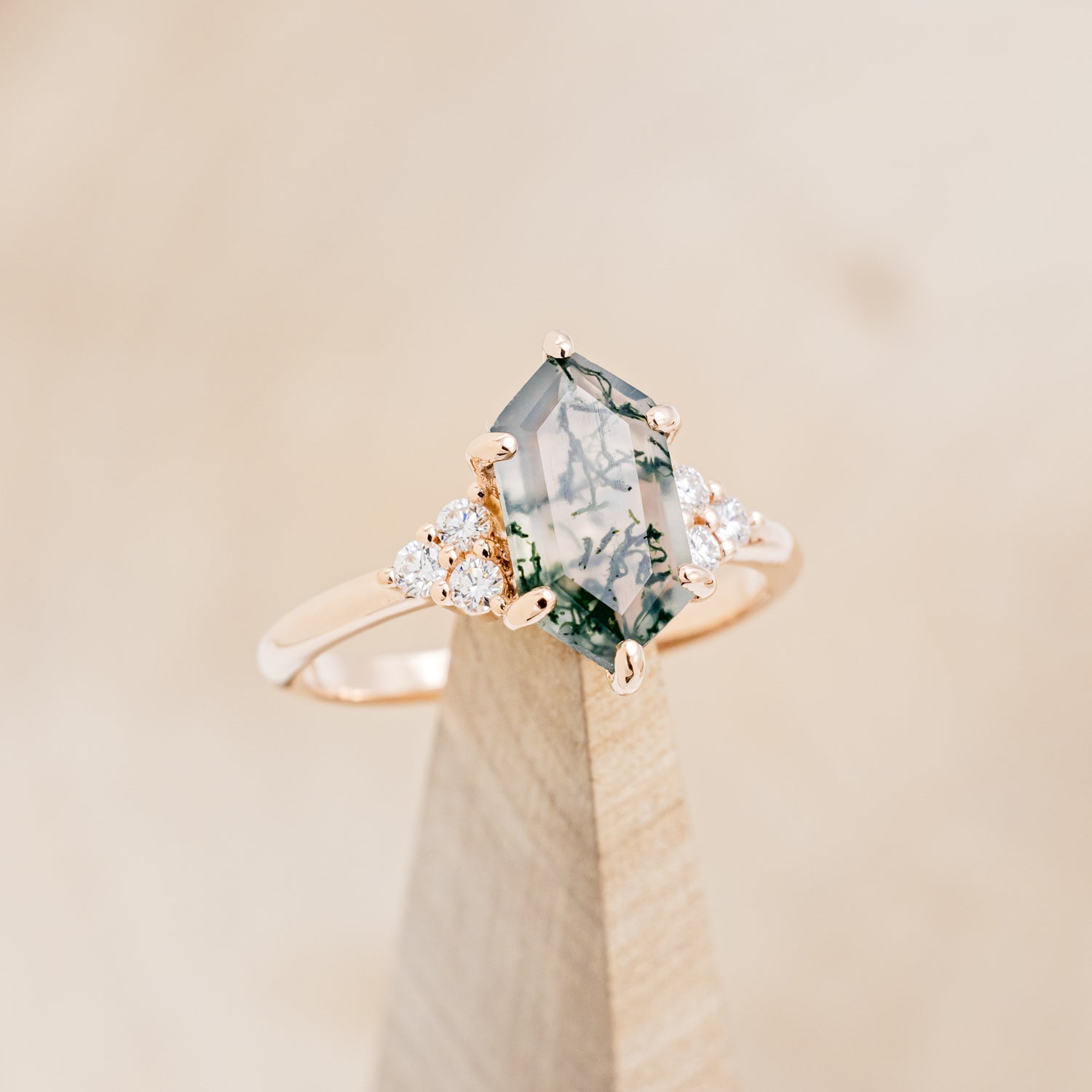 MATCHING SET OF "OCTAVIA" MOSS AGATE & TRACER WITH "DYAD" ANTLER & MOSS WEDDING RINGS-20