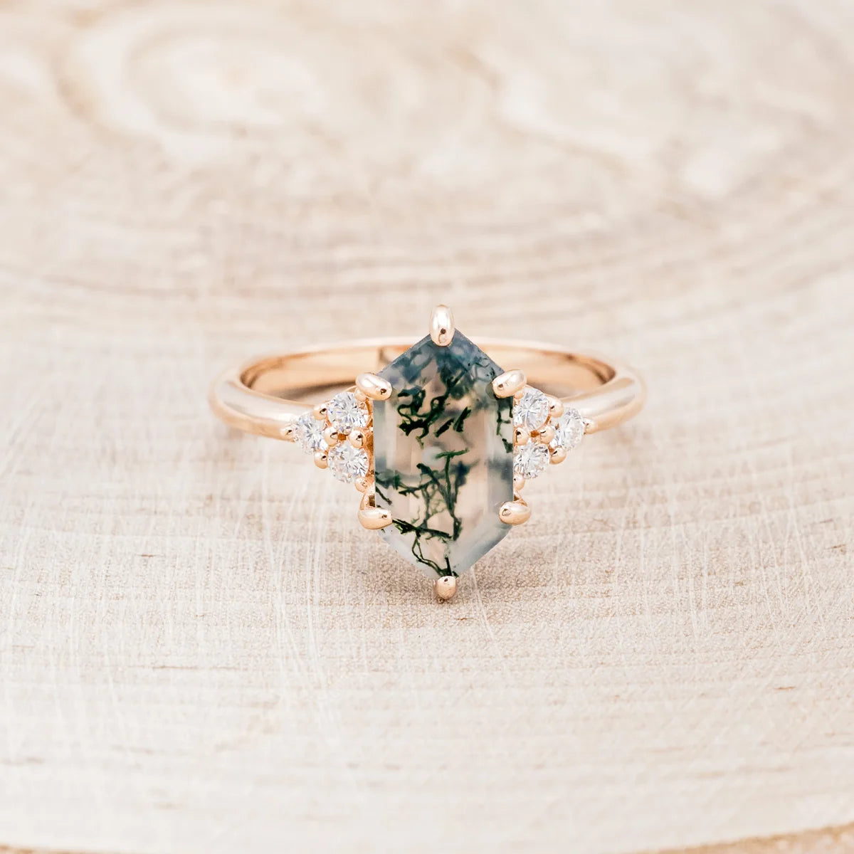 "Octavia" - Elongated Hexagon Cut Moss Agate Engagement Ring With Diamond Accents - 14K Rose Gold - Size 7 1/4