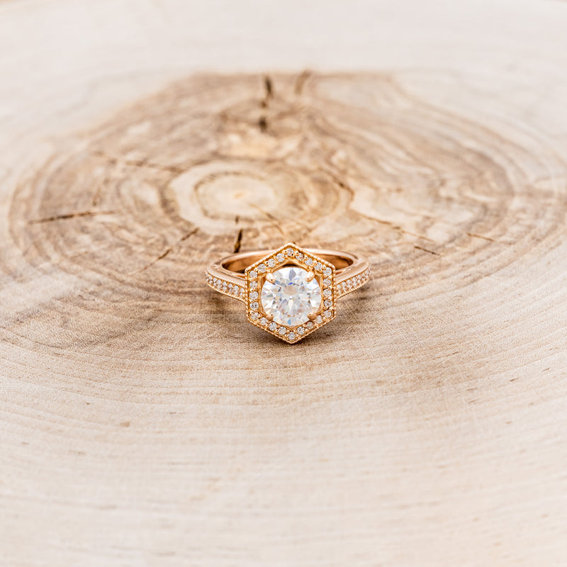 "ODESSA" - ROUND CUT MOISSANITE ENGAGEMENT RING WITH DIAMOND ACCENTS & TRACER