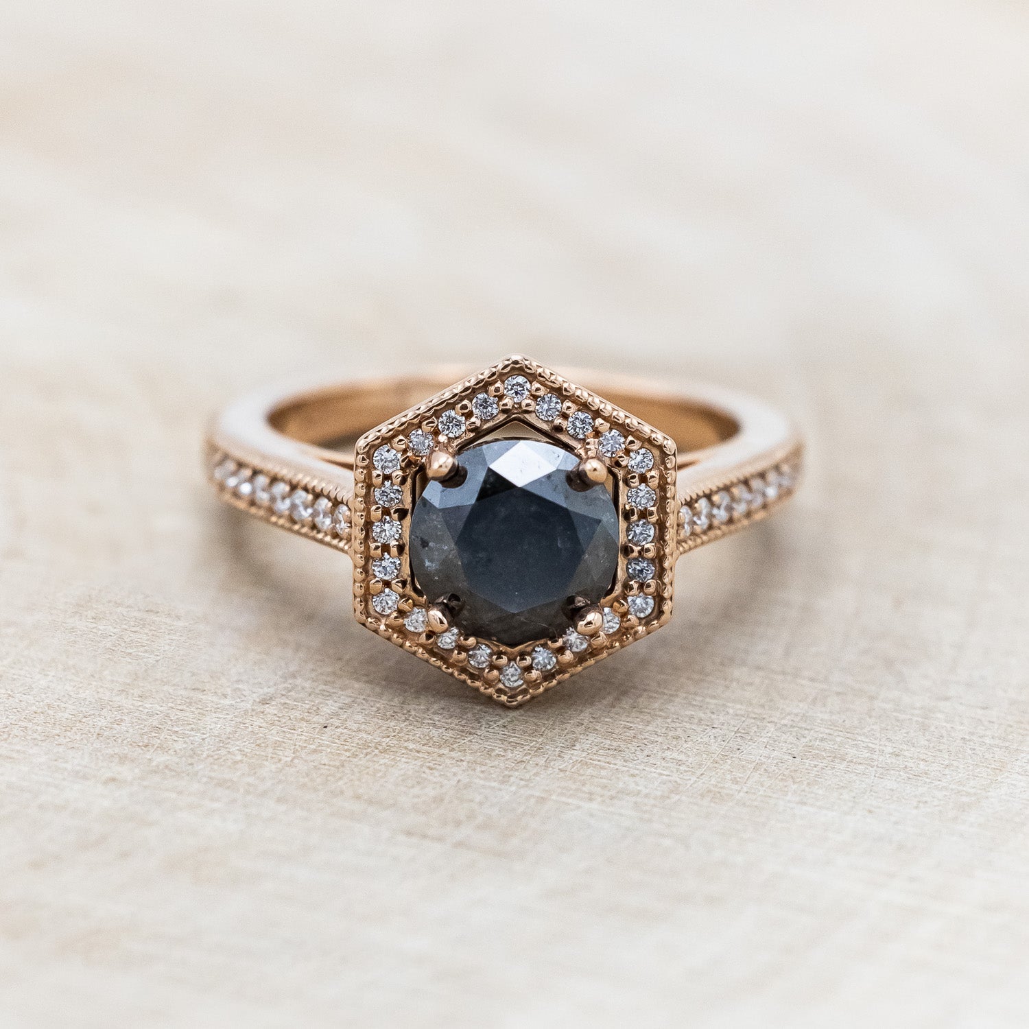 "ODESSA" - ROUND CUT SALT & PEPPER ENGAGEMENT RING WITH DIAMOND HALO & ACCENTS-Staghead Designs