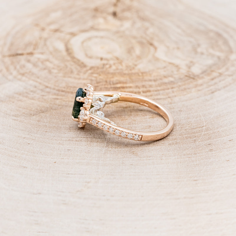 "OPHELIA" - OVAL MOSS AGATE ENGAGEMENT RING WITH DIAMOND HALO & ACCENTS-9