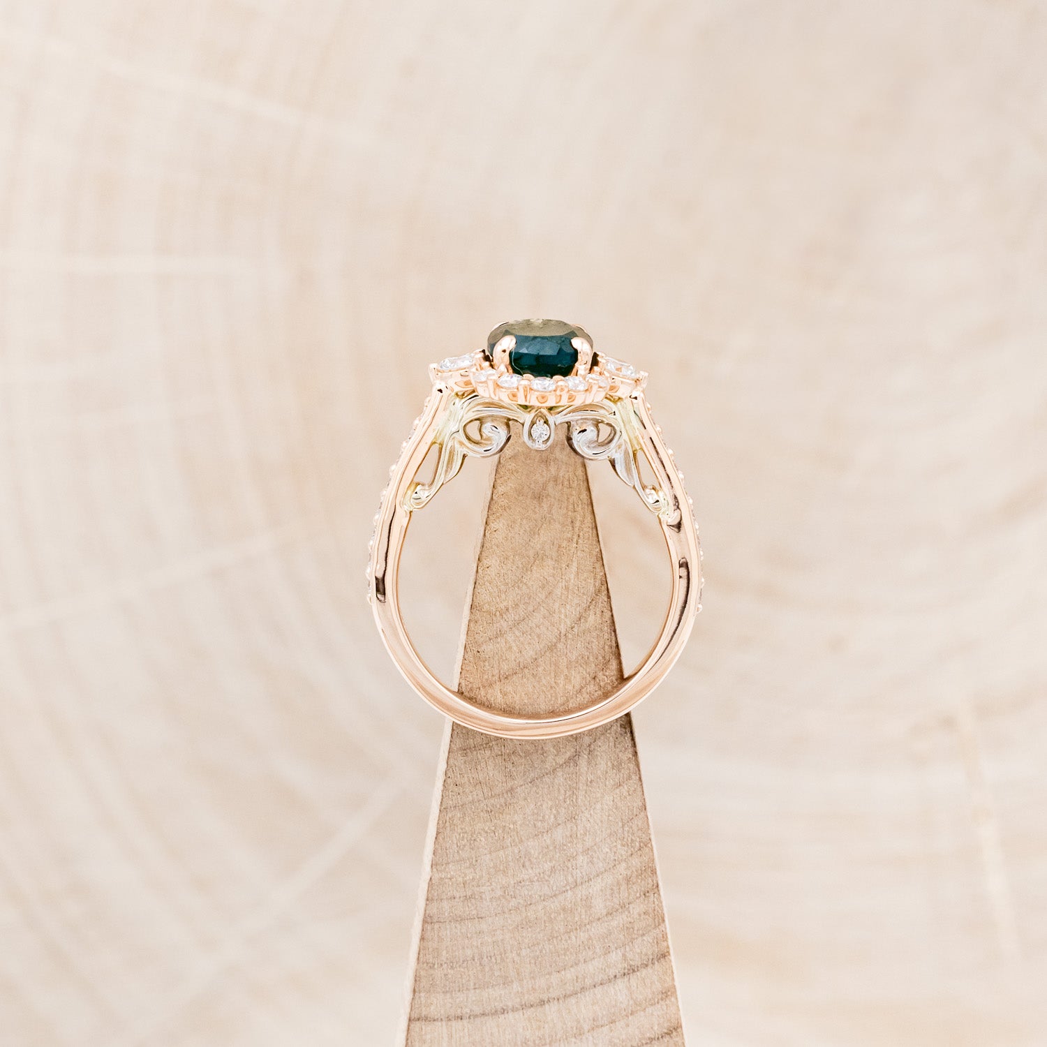 "OPHELIA" - OVAL MOSS AGATE ENGAGEMENT RING WITH DIAMOND HALO & ACCENTS-12