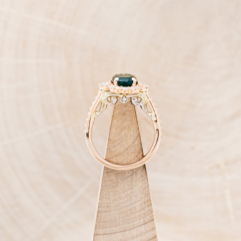 "OPHELIA" - OVAL MOSS AGATE ENGAGEMENT RING WITH DIAMOND HALO & ACCENTS