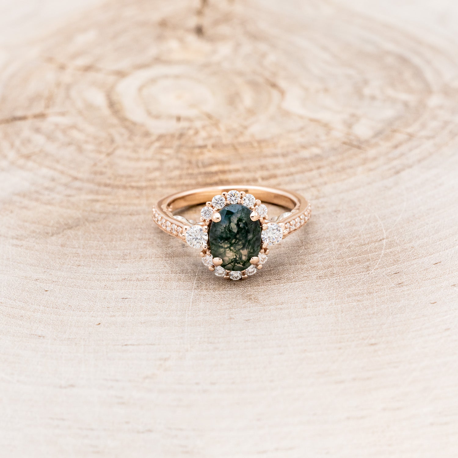 "OPHELIA" - OVAL MOSS AGATE ENGAGEMENT RING WITH DIAMOND HALO & ACCENTS-10