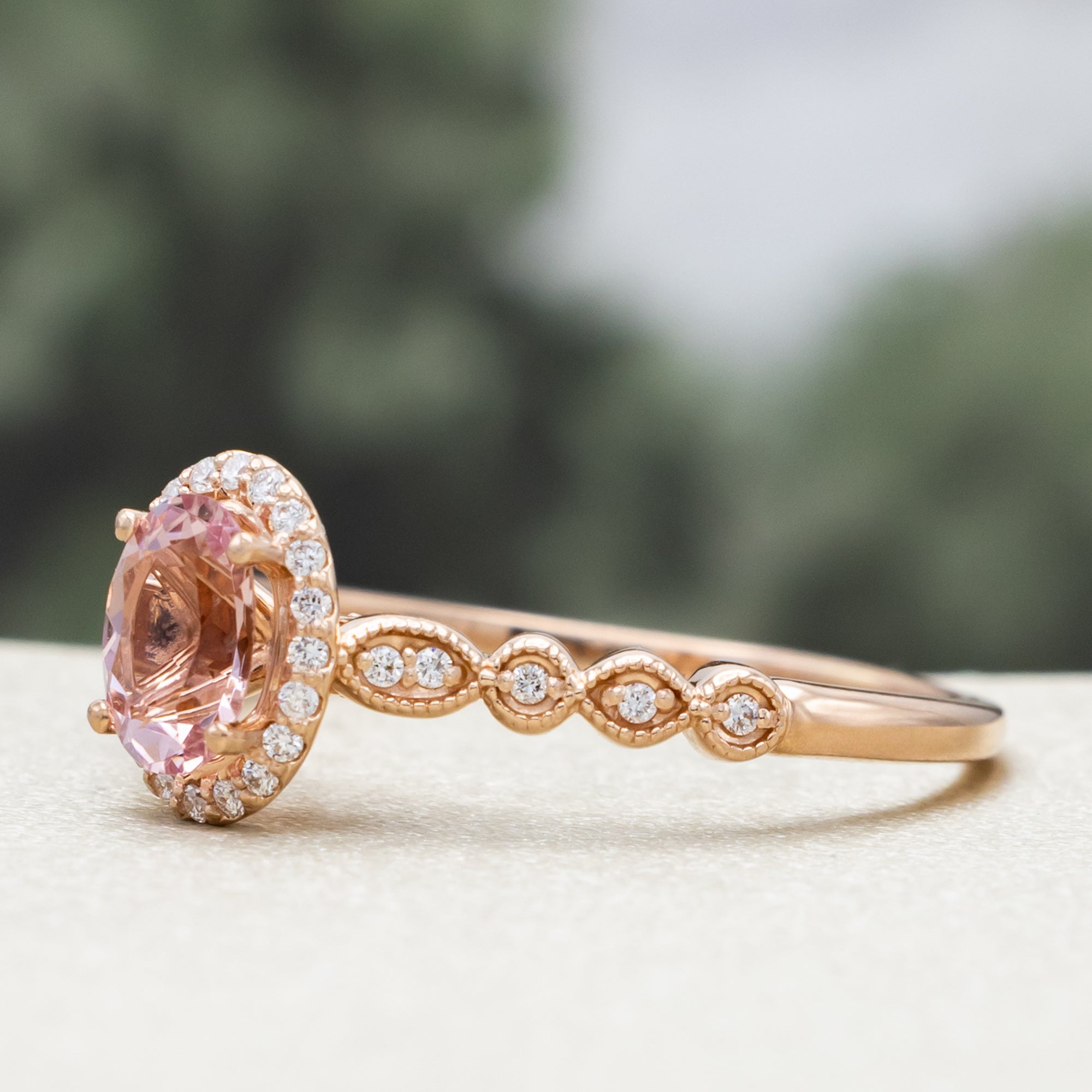 "KATARINA" - OVAL CUT MORGANITE ENGAGEMENT RING WITH SCALLOP BAND & DIAMOND ACCENTS-Staghead Designs