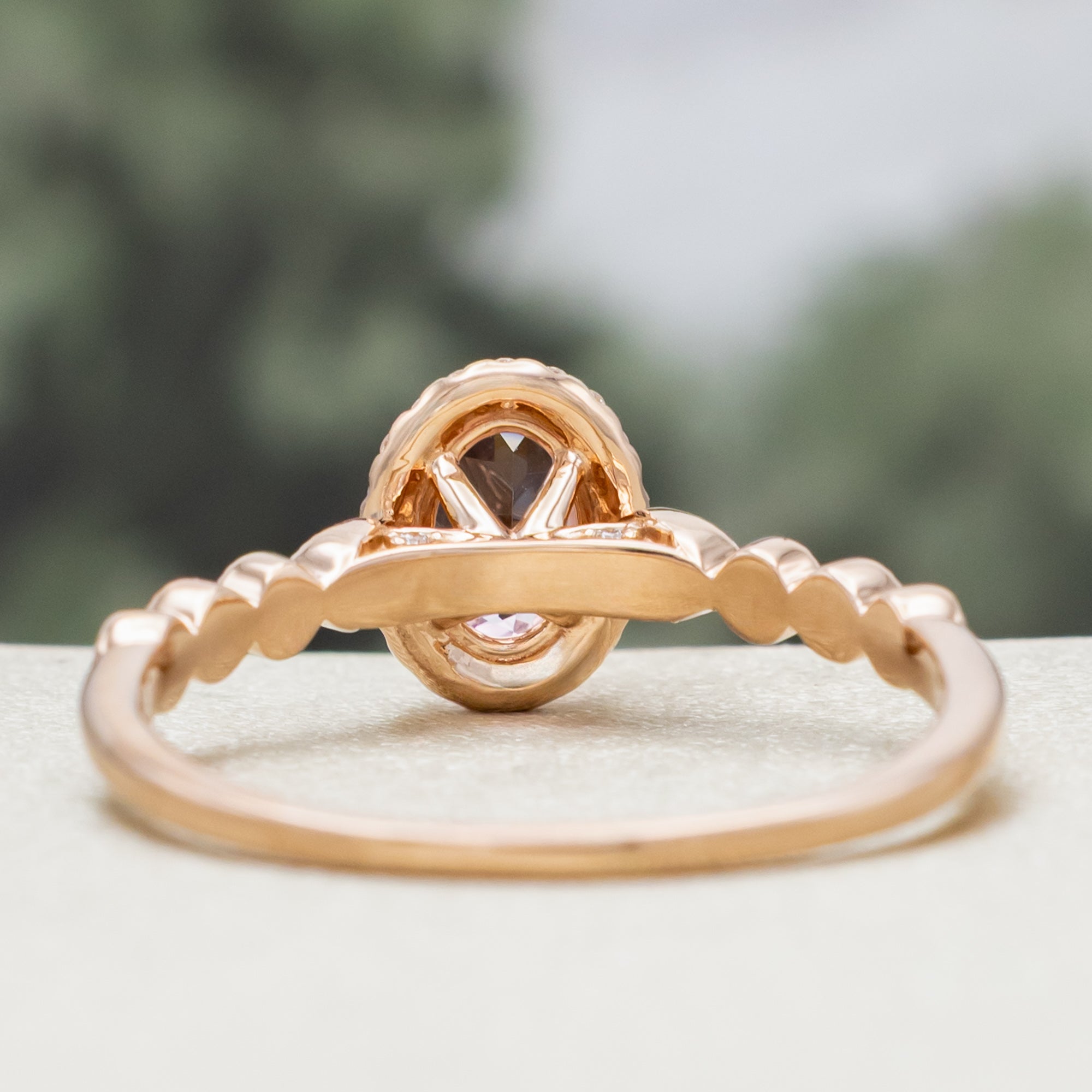 "KATARINA" - OVAL CUT MORGANITE ENGAGEMENT RING WITH SCALLOP BAND & DIAMOND ACCENTS-Staghead Designs