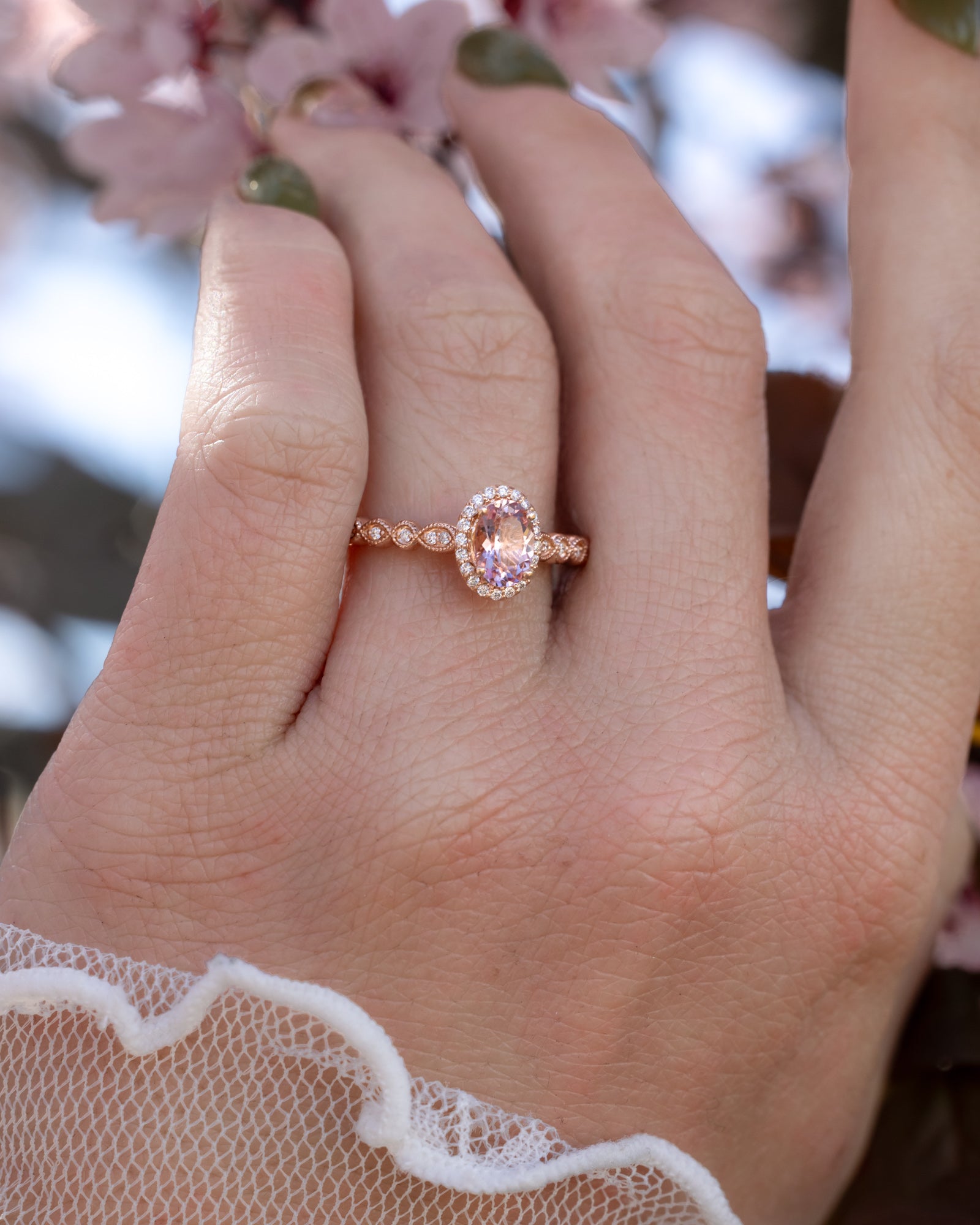 "KATARINA" - OVAL CUT MORGANITE ENGAGEMENT RING WITH SCALLOP BAND & DIAMOND ACCENTS-Staghead Designs