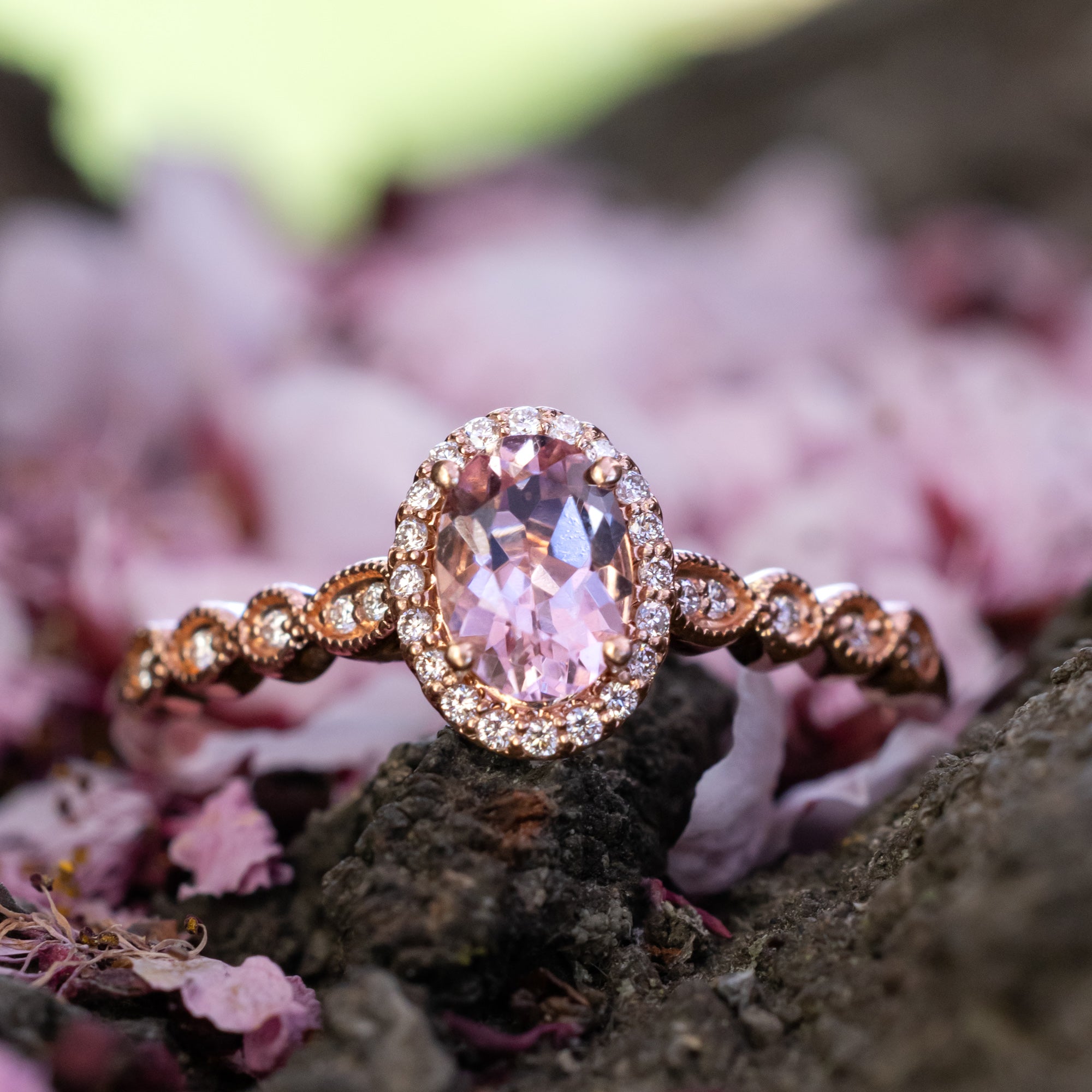 "KATARINA" - OVAL CUT MORGANITE ENGAGEMENT RING WITH SCALLOP BAND & DIAMOND ACCENTS-Staghead Designs