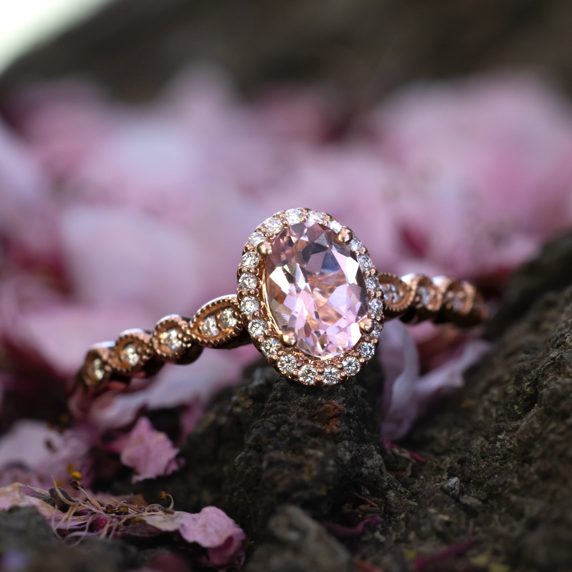 "KATARINA" - OVAL CUT MORGANITE ENGAGEMENT RING WITH SCALLOP BAND & DIAMOND ACCENTS-Staghead Designs