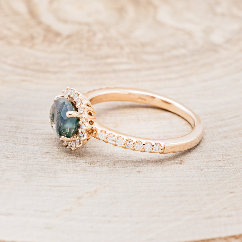 "WHIMSY" - OVAL-SHAPED MOSS AGATE ENGAGEMENT RING WITH DIAMOND ACCENTS & TRACER-8