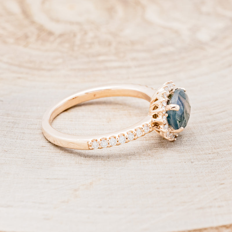 "WHIMSY" - OVAL-SHAPED MOSS AGATE ENGAGEMENT RING WITH DIAMOND ACCENTS & TRACER-7