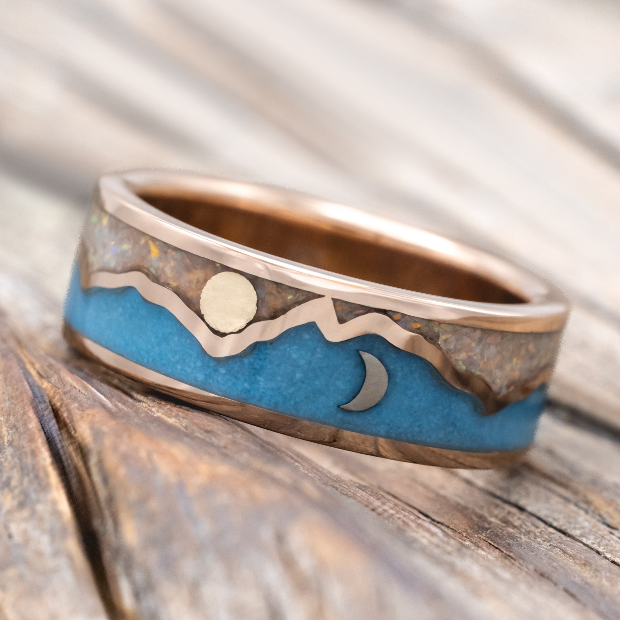 "PEAK" - WHITE OPAL & TURQUOISE INLAY MOUNTAIN RANGE WEDDING BAND WITH SUN & CRESCENT MOON ACCENTS-Staghead Designs