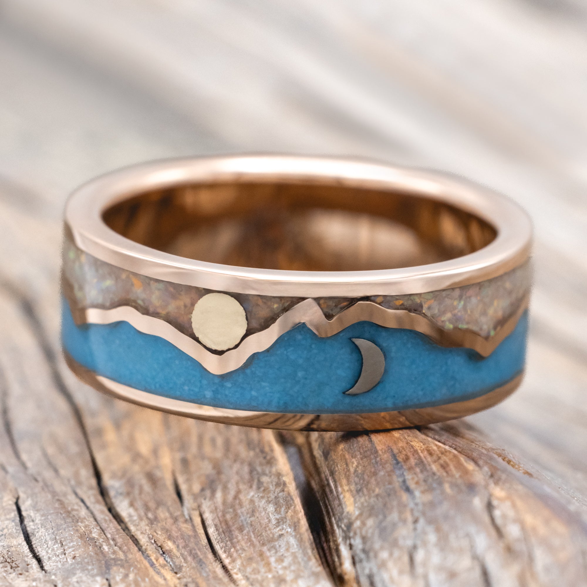"PEAK" - WHITE OPAL & TURQUOISE INLAY MOUNTAIN RANGE WEDDING BAND WITH SUN & CRESCENT MOON ACCENTS-Staghead Designs