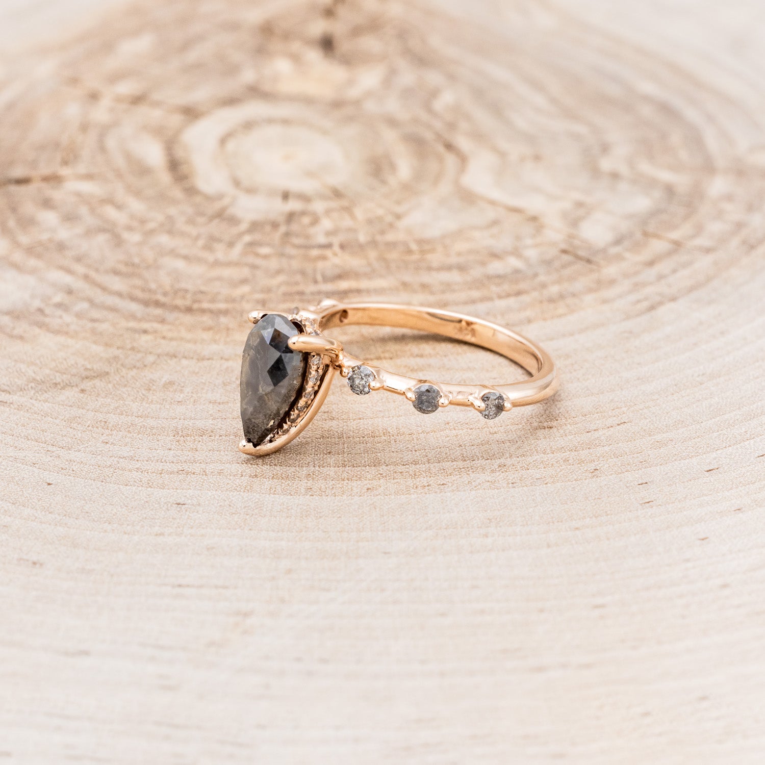 "LORELIE" - PEAR DOUBLE CUT SALT & PEPPER DIAMOND ENGAGEMENT RING WITH SALT & PEPPER DIAMOND ACCENTS & HIDDEN DIAMOND HALO-3