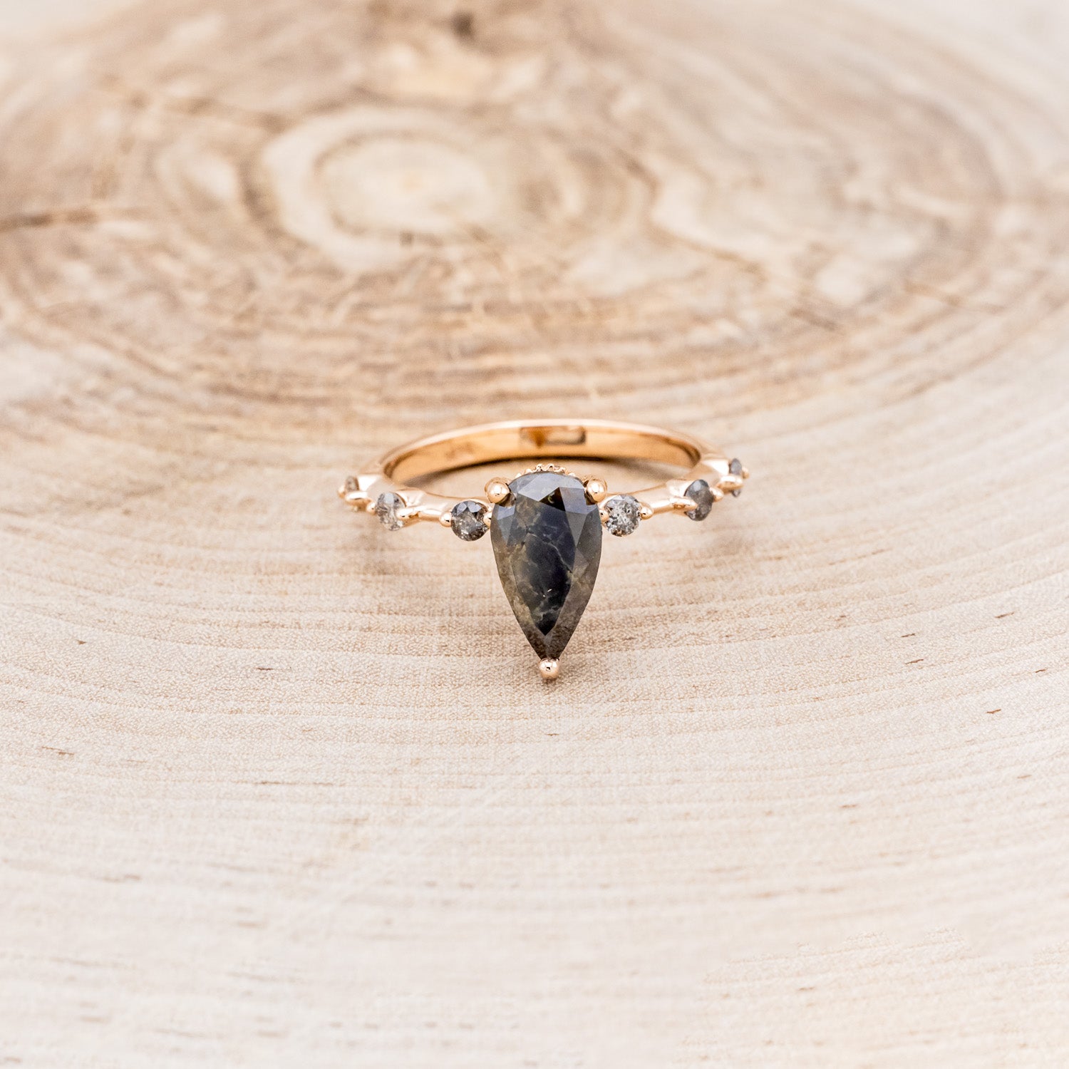 "LORELIE" - PEAR DOUBLE CUT SALT & PEPPER DIAMOND ENGAGEMENT RING WITH SALT & PEPPER DIAMOND ACCENTS & HIDDEN DIAMOND HALO-4