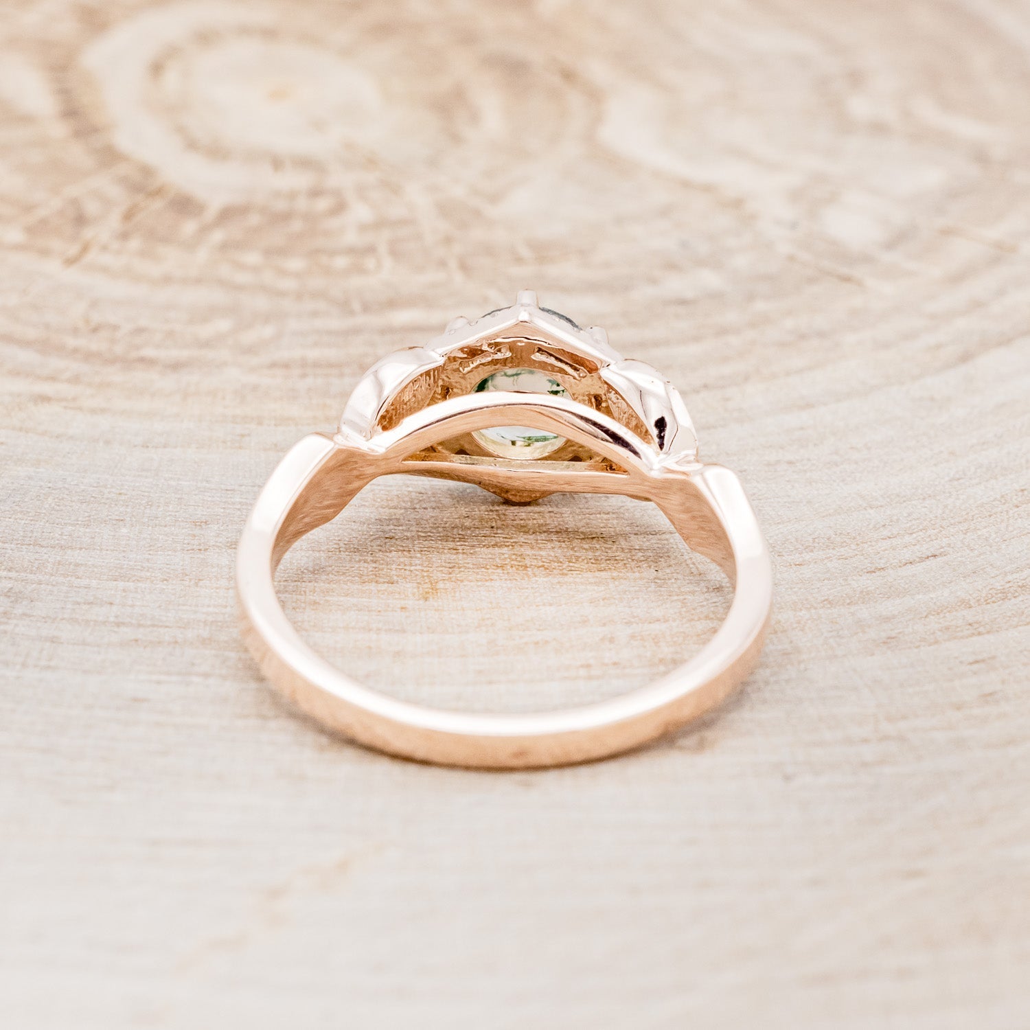 "LUCY IN THE SKY" PETITE - ROUND MOSS AGATE ENGAGEMENT RING WITH DIAMOND HALO & MOSS INLAYS - READY TO SHIP-Staghead Designs