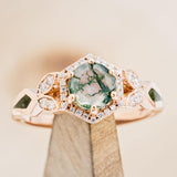 "LUCY IN THE SKY" PETITE - ROUND MOSS AGATE ENGAGEMENT RING WITH DIAMOND HALO, MOSS INLAYS AND DIAMOND TRACER-25