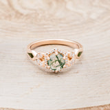 "LUCY IN THE SKY" PETITE - ROUND MOSS AGATE ENGAGEMENT RING WITH DIAMOND HALO, MOSS INLAYS AND DIAMOND TRACER-28