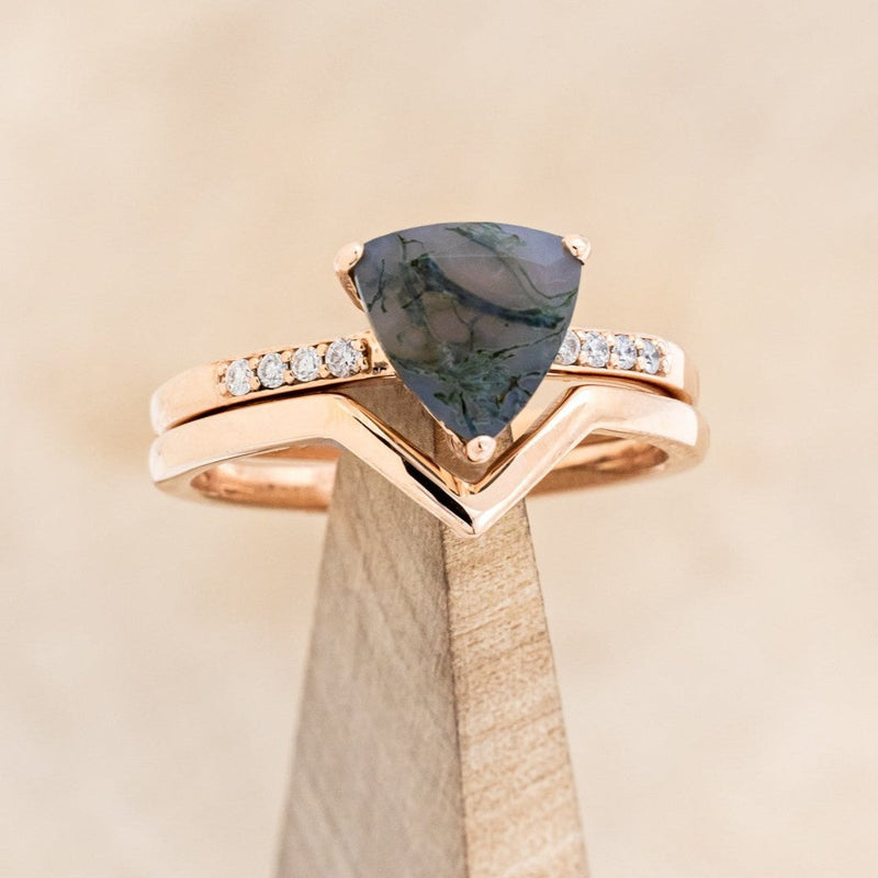 "PIPER" - TRILLION CUT MOSS AGATE ENGAGEMENT RING WITH DIAMOND ACCENTS & TRACER