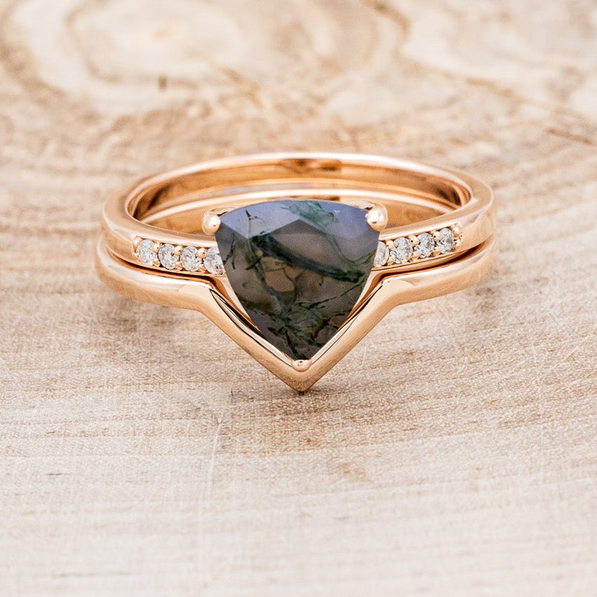 "PIPER" - TRILLION CUT MOSS AGATE ENGAGEMENT RING WITH DIAMOND ACCENTS & TRACER-4