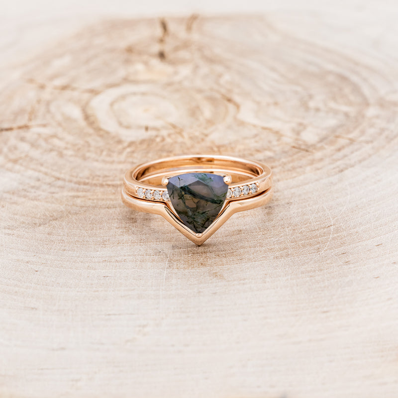 "PIPER" - TRILLION CUT MOSS AGATE ENGAGEMENT RING WITH DIAMOND ACCENTS & TRACER