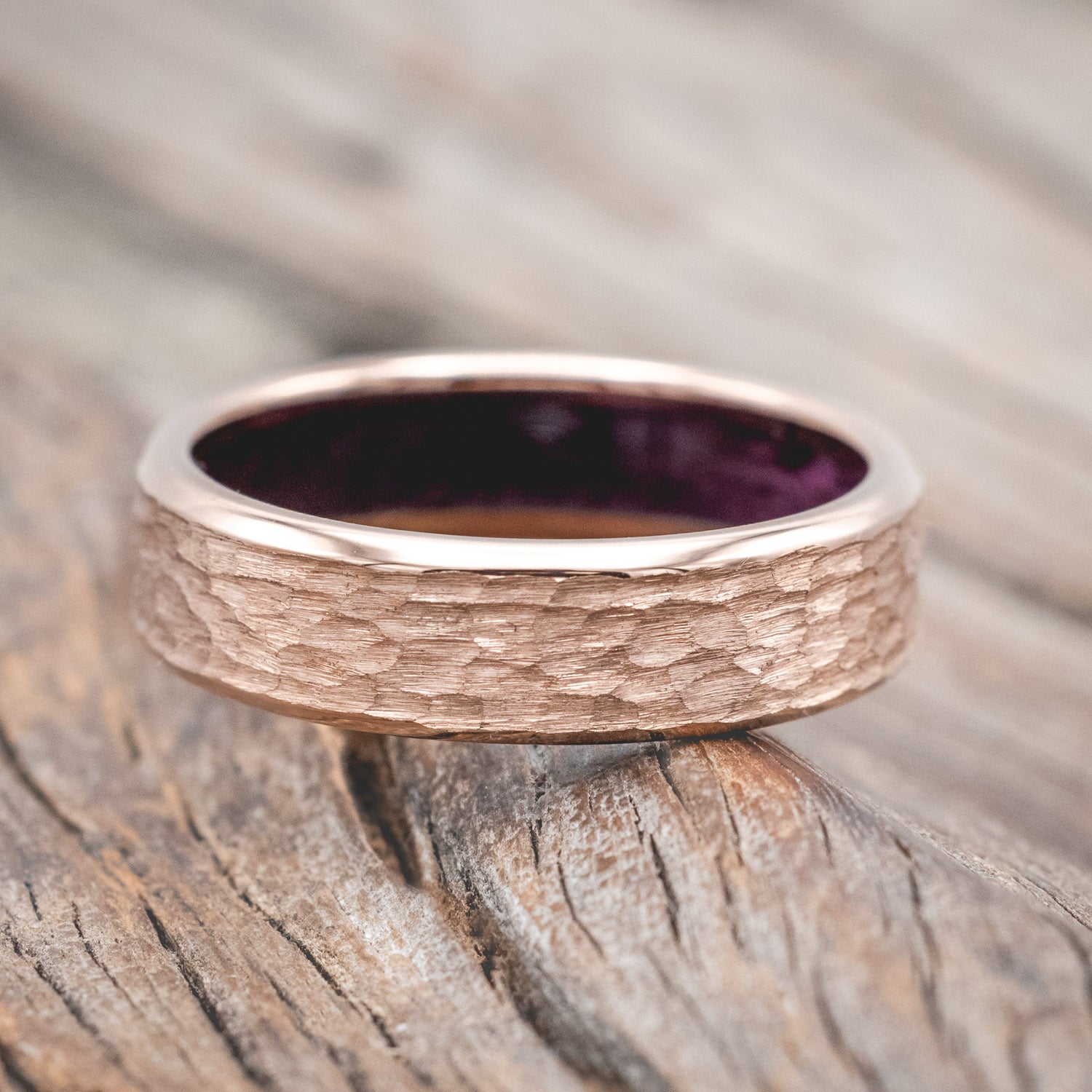 PURPLEHEART WOOD LINED WEDDING RING FEATURING A HAMMERED 14K GOLD BAND-Staghead Designs