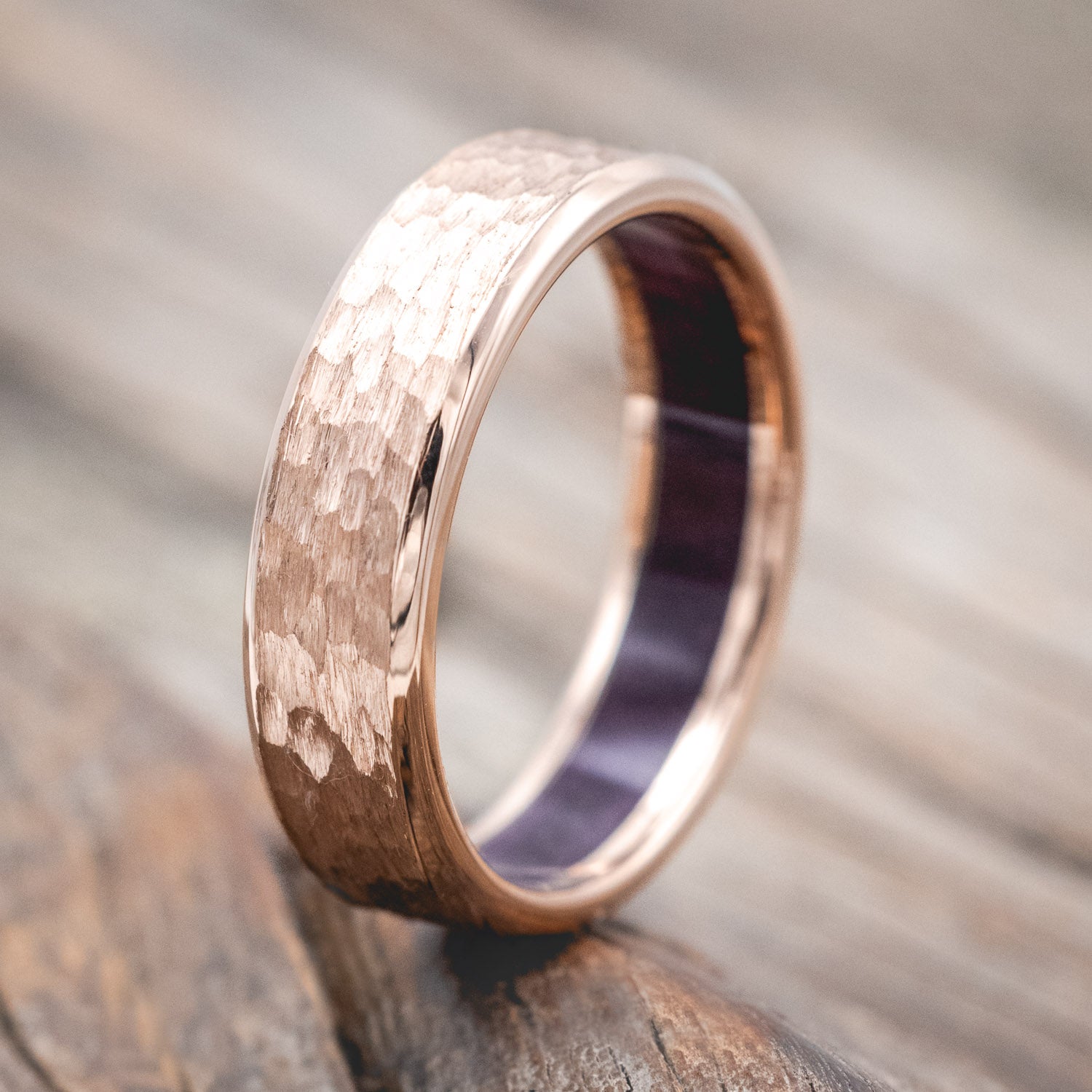 PURPLEHEART WOOD LINED WEDDING RING FEATURING A HAMMERED 14K GOLD BAND-Staghead Designs